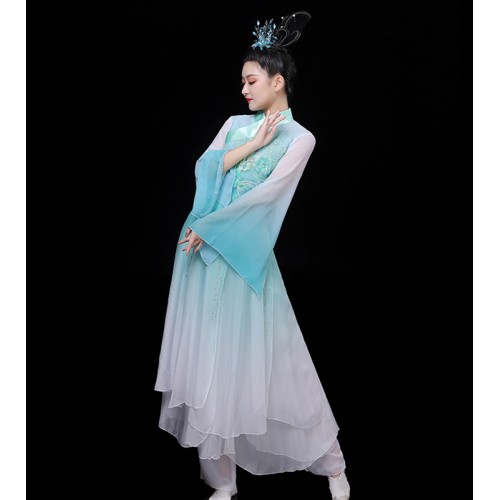 Women girls Blue Gradient Chinese folk Classical dance costumes female fairy princess hanfu caiwei dance suit elegant ethnic umbrella fan dance performance Dresses